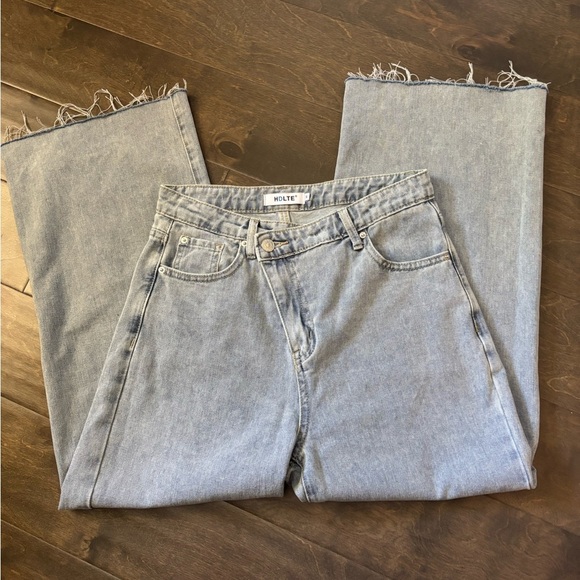 Light Blue Women's Crossover Waist Wide Leg Cropped Jeans - Picture 2 of 8